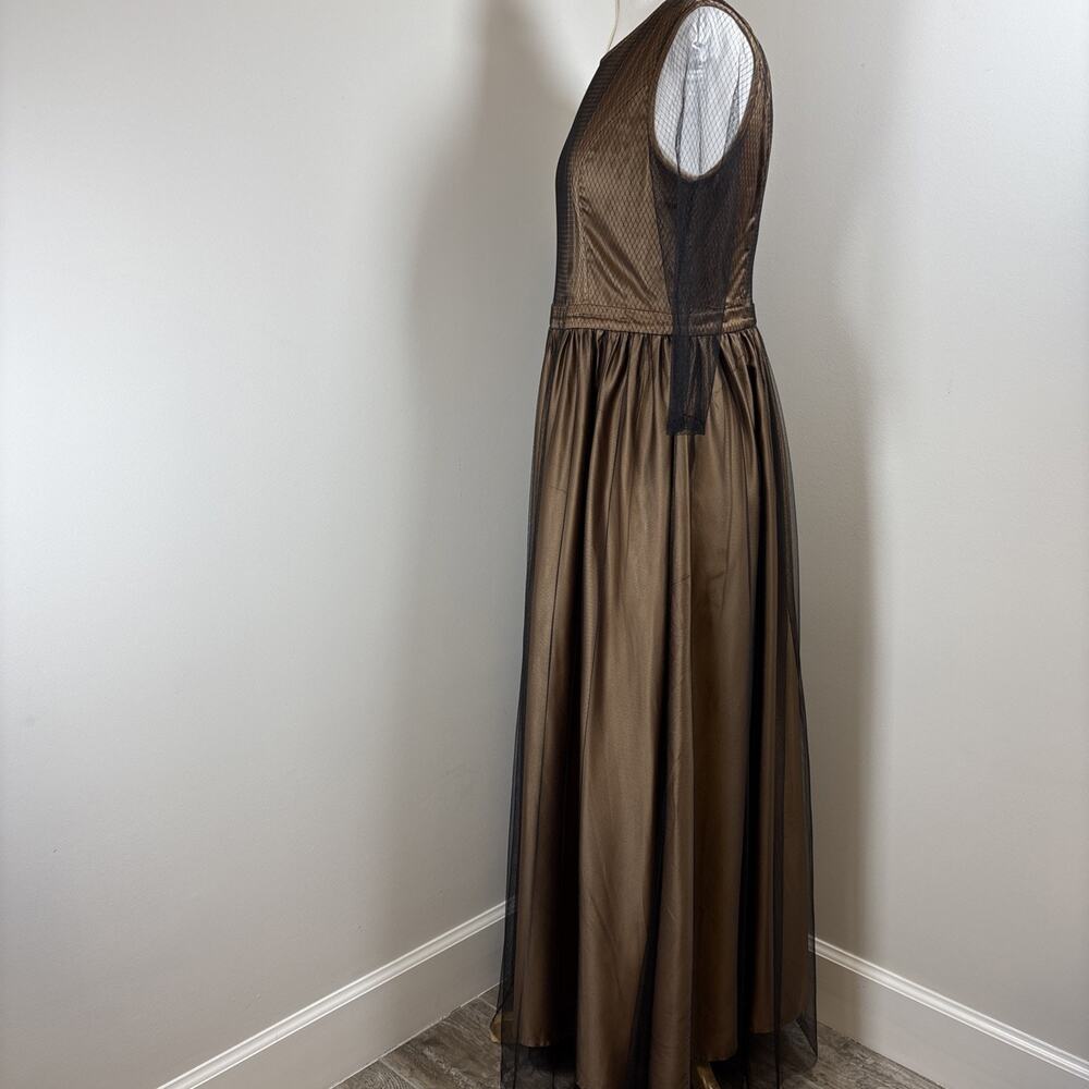 Bronze Satin Sheer Black Overlay Long Sleeve Formal Gown Whimsigoth Dark Boho M - Picture 4 of 12